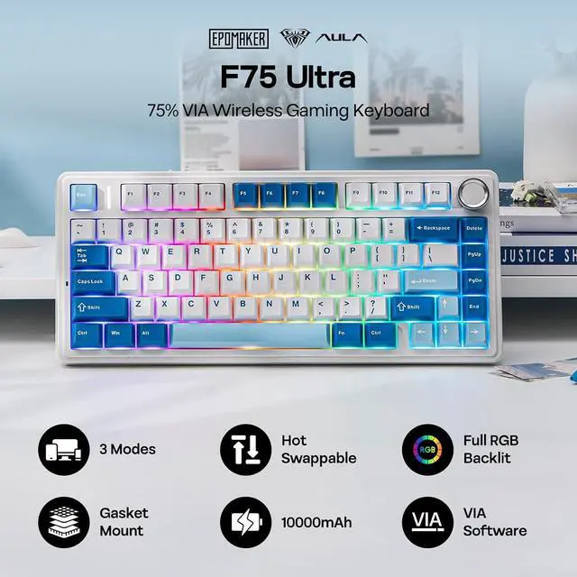 Alt view image 9 of 14 - x Aula F75 Ultra Wireless Gaming Keyboard with Knob, 10000mAh, Hot Swap, RGB, PBT Keycap, Creamy Sound, VIA, 75% Mechanical Keyboard for Win/Mac (Blue, Reaper)