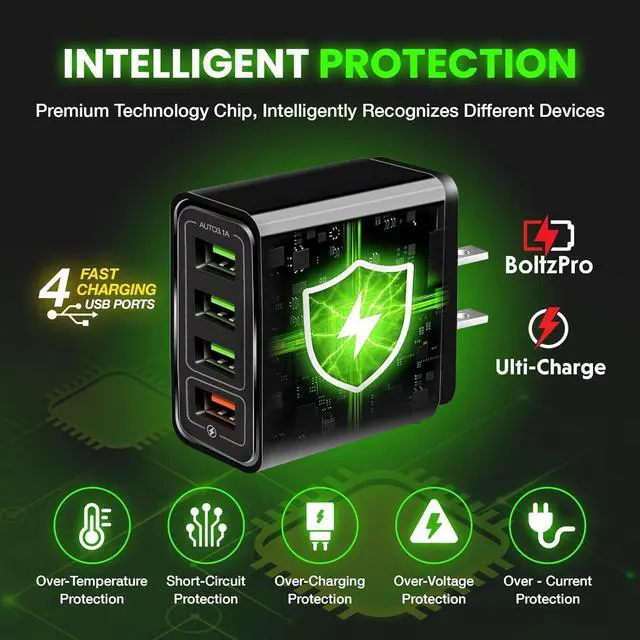 Alt view image 9 of 14 - Ulti Charger 4 Ports with Quick Charger Boltz Pro Lightning Fast Charger Fast Charging Block for Smart Phones Tablets Devices with Multiple Ports | Wall Charge for Travel & Home