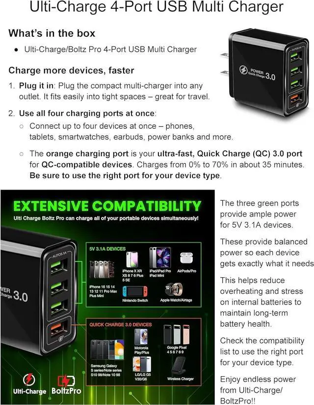 Alt view image 12 of 14 - Ulti Charger 4 Ports with Quick Charger Boltz Pro Lightning Fast Charger Fast Charging Block for Smart Phones Tablets Devices with Multiple Ports | Wall Charge for Travel & Home