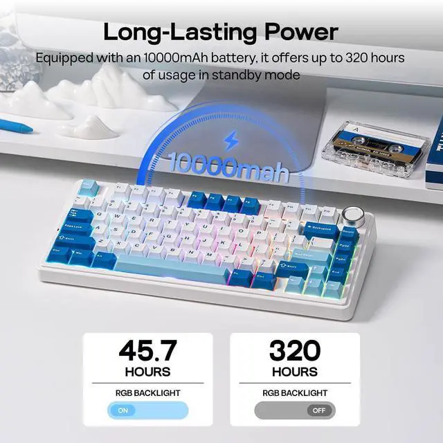 Alt view image 11 of 14 - x Aula F75 Ultra Wireless Gaming Keyboard with Knob, 10000mAh, Hot Swap, RGB, PBT Keycap, Creamy Sound, VIA, 75% Mechanical Keyboard for Win/Mac (Blue, Reaper)