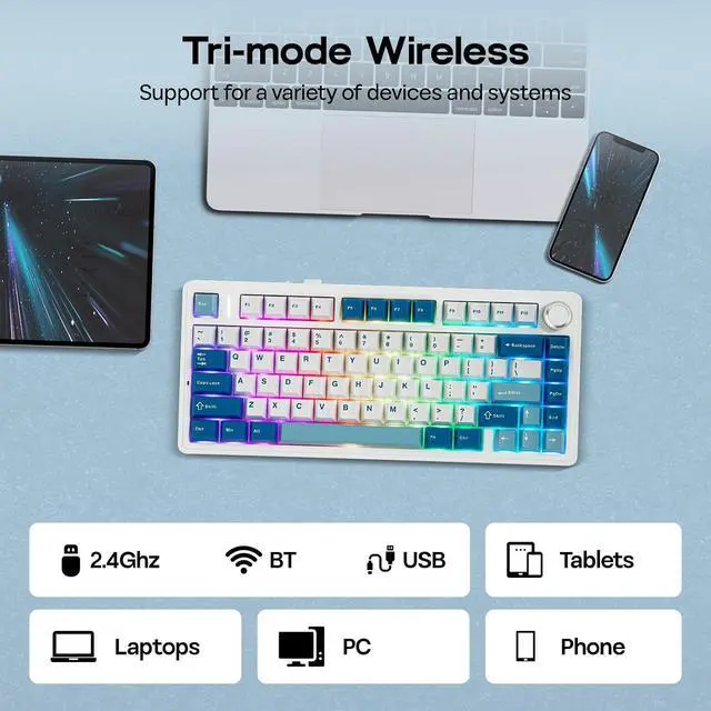 Alt view image 12 of 14 - x Aula F75 Ultra Wireless Gaming Keyboard with Knob, 10000mAh, Hot Swap, RGB, PBT Keycap, Creamy Sound, VIA, 75% Mechanical Keyboard for Win/Mac (Blue, Reaper)