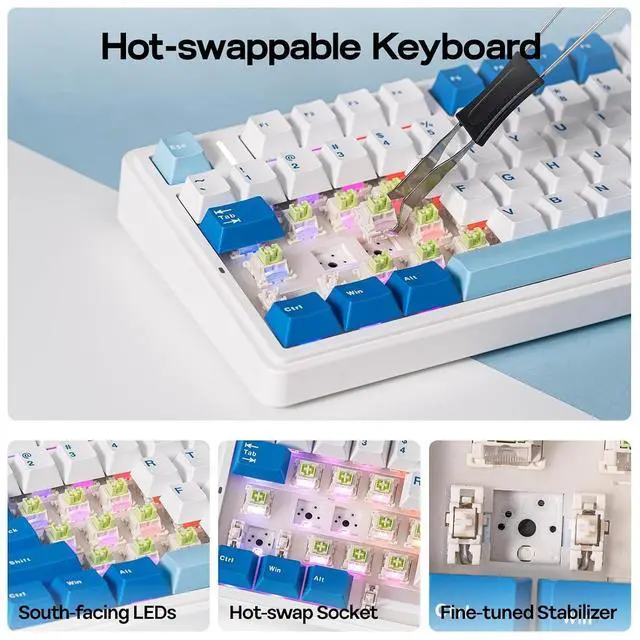 Alt view image 13 of 14 - x Aula F75 Ultra Wireless Gaming Keyboard with Knob, 10000mAh, Hot Swap, RGB, PBT Keycap, Creamy Sound, VIA, 75% Mechanical Keyboard for Win/Mac (Blue, Reaper)