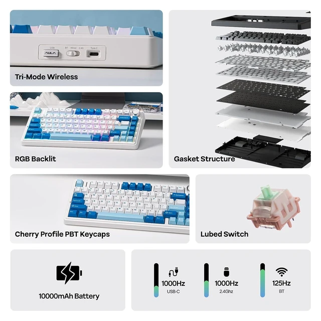 Alt view image 10 of 14 - x Aula F75 Ultra Wireless Gaming Keyboard with Knob, 10000mAh, Hot Swap, RGB, PBT Keycap, Creamy Sound, VIA, 75% Mechanical Keyboard for Win/Mac (Blue, Pink Mint)