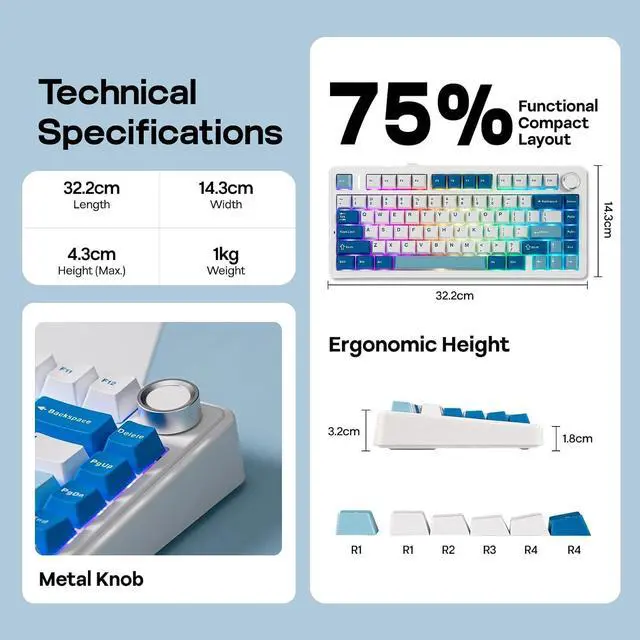 Alt view image 14 of 14 - x Aula F75 Ultra Wireless Gaming Keyboard with Knob, 10000mAh, Hot Swap, RGB, PBT Keycap, Creamy Sound, VIA, 75% Mechanical Keyboard for Win/Mac (Blue, Reaper)