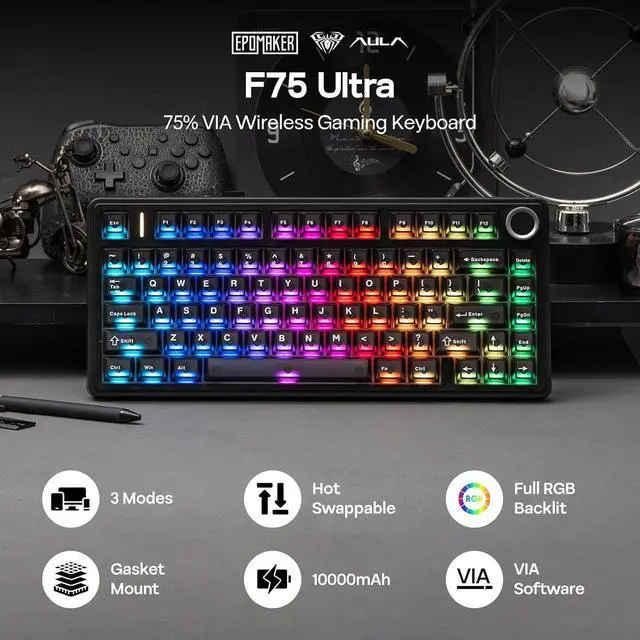 Alt view image 9 of 14 - x Aula F75 Ultra Wireless Gaming Keyboard with Knob, 10000mAh, Hot Swap, RGB, PBT Keycap, Creamy Sound, VIA, 75% Mechanical Keyboard for Win/Mac (Black, Reaper)