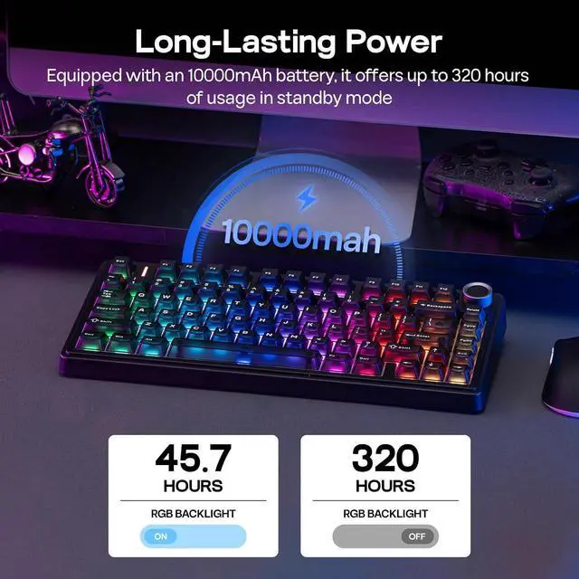 Alt view image 11 of 14 - x Aula F75 Ultra Wireless Gaming Keyboard with Knob, 10000mAh, Hot Swap, RGB, PBT Keycap, Creamy Sound, VIA, 75% Mechanical Keyboard for Win/Mac (Black, Reaper)