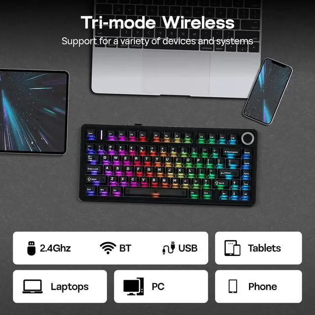 Alt view image 12 of 14 - x Aula F75 Ultra Wireless Gaming Keyboard with Knob, 10000mAh, Hot Swap, RGB, PBT Keycap, Creamy Sound, VIA, 75% Mechanical Keyboard for Win/Mac (Black, Reaper)