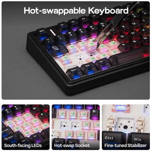 Alt view image 13 of 14 - x Aula F75 Ultra Wireless Gaming Keyboard with Knob, 10000mAh, Hot Swap, RGB, PBT Keycap, Creamy Sound, VIA, 75% Mechanical Keyboard for Win/Mac (Black, Reaper)