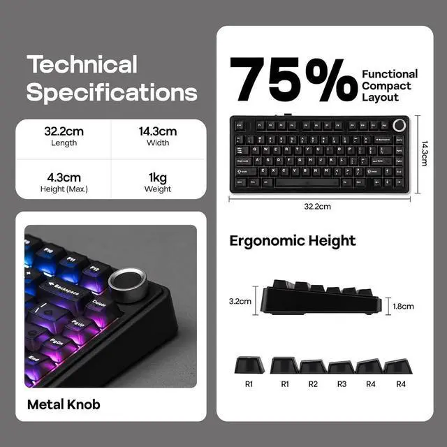 Alt view image 14 of 14 - x Aula F75 Ultra Wireless Gaming Keyboard with Knob, 10000mAh, Hot Swap, RGB, PBT Keycap, Creamy Sound, VIA, 75% Mechanical Keyboard for Win/Mac (Black, Reaper)