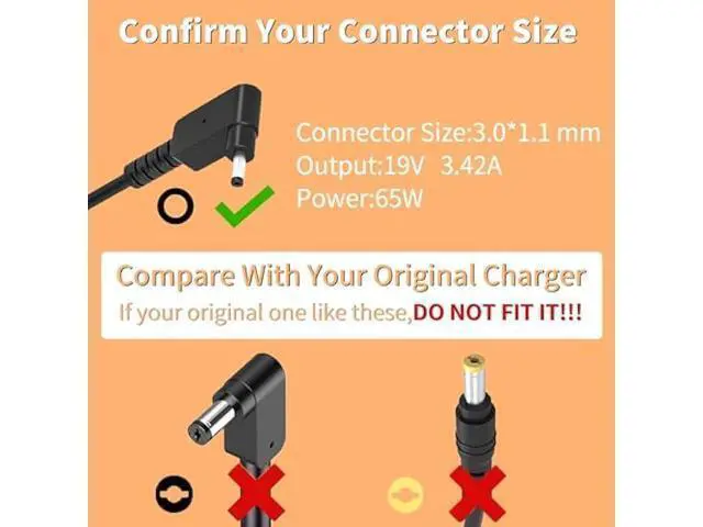 Alt view image 2 of 7 - 65W Laptop Charger for Acer Aspire 5 3 1-AC Adapter for Acer Aspire 1 3 5 Slim Laptop A515-44 A515-46 A515-54 A515-55 A515-56 A315-24P A315-24PT A115-32