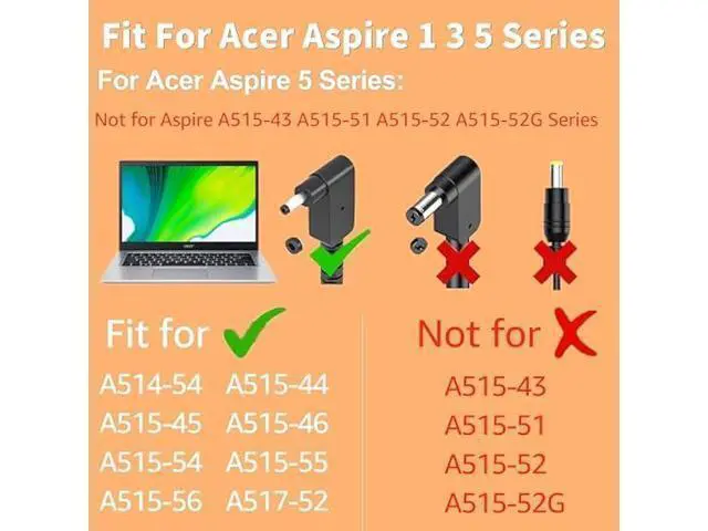 Alt view image 3 of 7 - 65W Laptop Charger for Acer Aspire 5 3 1-AC Adapter for Acer Aspire 1 3 5 Slim Laptop A515-44 A515-46 A515-54 A515-55 A515-56 A315-24P A315-24PT A115-32