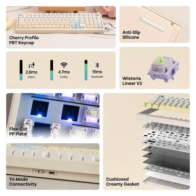 Alt view image 10 of 14 - Galaxy100 Lite QMK/VIA Gaming Keyboard with 8000mAh Battery and Numpad+Crystal Tactile Silent Mechanical Keyboard Switches Set
