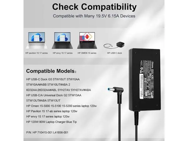 Alt view image 5 of 7 - 120W 6.15A Charger 710415-001 L41856-001 for HP USB-C Dock G5 5TW10UT 5TW10AA 5TW10AA#ABB 5TW10UT#ABA USB-C/A Universal Dock G2 5TW13AA HP Omen 15-5000 15-5100 15-5200 Laptop Charger
