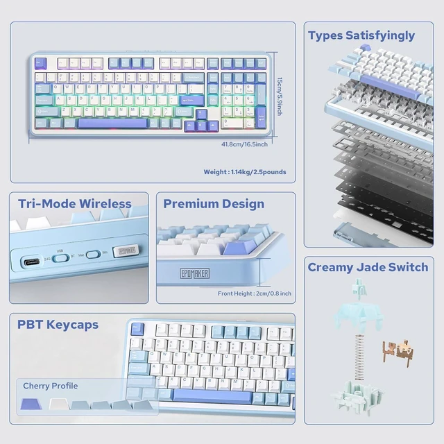 Alt view image 15 of 18 - TH99 Tri-Mode Wireless Mechanical Keyboard with Numpad+Roseveil Silent Keyboard Switch