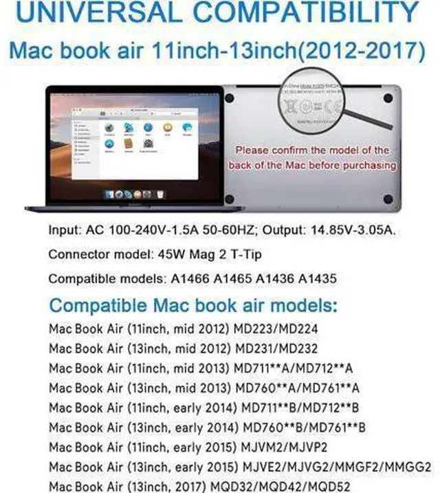 Alt view image 7 of 10 - Mac Book Air Charger Replacement for 45W T-Tip Power Adapter Compatible with Mac Book Air 11 inch & 13 inch Between 2012-2017