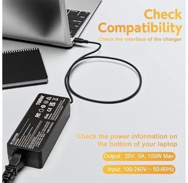 Alt view image 8 of 12 - 100W USB C Laptop Charger, Fast Charger Compatible with Lenovo ThinkPad, Yoga, HP, Asus, Acer, Dell, MSI, MacBook Pro/Air Laptops and Tablets; Universal Type C Chromebook Laptop Power Supply Cord