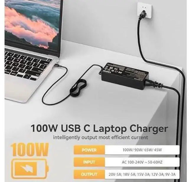 Alt view image 9 of 12 - 100W USB C Laptop Charger, Fast Charger Compatible with Lenovo ThinkPad, Yoga, HP, Asus, Acer, Dell, MSI, MacBook Pro/Air Laptops and Tablets; Universal Type C Chromebook Laptop Power Supply Cord