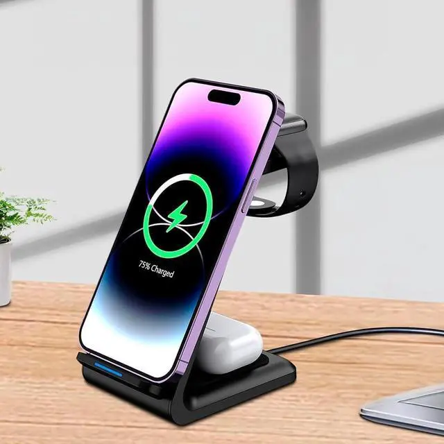 Alt view image 12 of 14 - 3-in-1 Magnetic Wireless Charger Fast Charging Dock for iPhone Watch & AirPods Foldable Stand with USB-C Cable (Black)