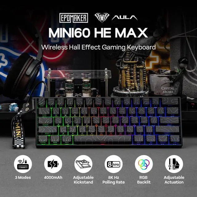Alt view image 9 of 14 - Aula MINI60 HE Hall Effect Gaming Keyboard, 2.4GHz/BT, 8K Hz Polling, SOCD & DKS, Adjustable Actuation & Fast Trigger, PBT Keycap, 60% Wireless Mechanical Keyboard for Win/Mac (Max)