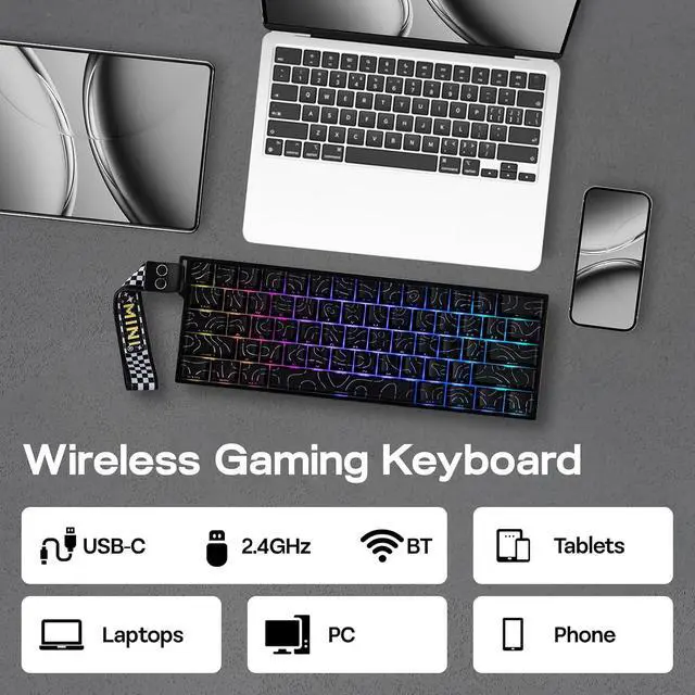 Alt view image 12 of 14 - Aula MINI60 HE Hall Effect Gaming Keyboard, 2.4GHz/BT, 8K Hz Polling, SOCD & DKS, Adjustable Actuation & Fast Trigger, PBT Keycap, 60% Wireless Mechanical Keyboard for Win/Mac (Max)