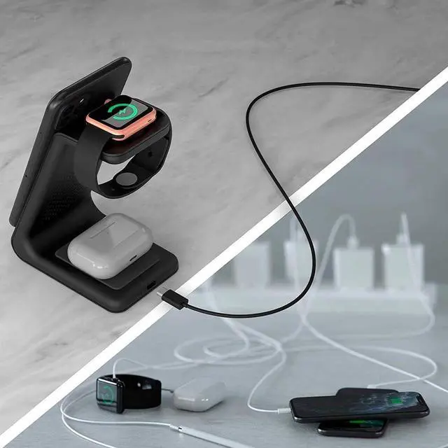 Alt view image 14 of 14 - 3-in-1 Magnetic Wireless Charger Fast Charging Dock for iPhone Watch & AirPods Foldable Stand with USB-C Cable (Black)