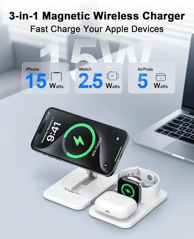 Alt view image 9 of 14 - 3 in 1 Magnetic Wireless Charger for Multiple Devices Foldable Fast Charging Station - Magsafe Charger Stand Travel Charger Pad for iPhone 17 16 15 14 13 12 Series/ Watch/