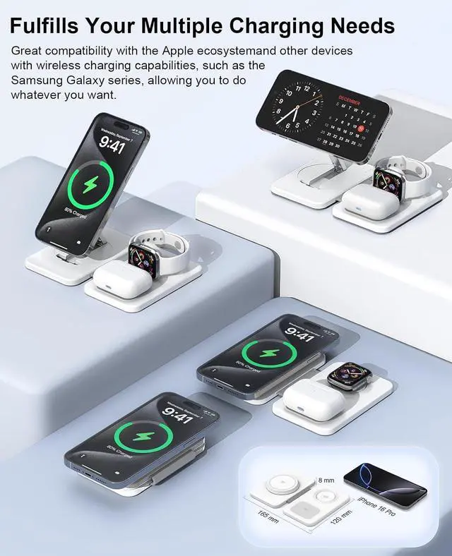 Alt view image 11 of 14 - 3 in 1 Magnetic Wireless Charger for Multiple Devices Foldable Fast Charging Station - Magsafe Charger Stand Travel Charger Pad for iPhone 17 16 15 14 13 12 Series/ Watch/