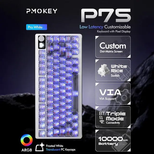 Alt view image 9 of 14 - PMOKEY P75 75% Wireless Mechanical Keyboard, Tri-Mode RGB Gaming Keyboard with Dot-Matrix Display, Aluminum Alloy Body, Volume Knob, Up to 10000mAh Battery (Pro White)