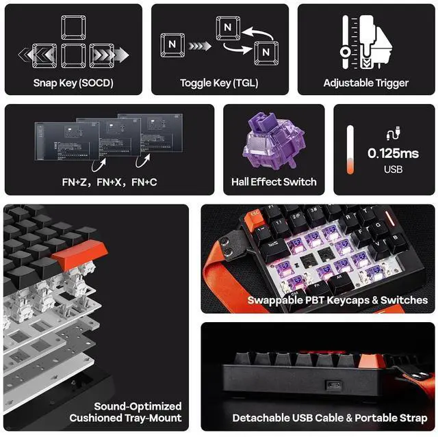 Alt view image 10 of 14 - HE30 One-Handed Hall Effect Keyboard, 8K Polling & 0.125ms, SOCD & Snap Key, Adjustable Trigger, PBT Keycap, RGB, Custom Software, Wired Gaming Keyboard for PC/Gamer (Black Orange)