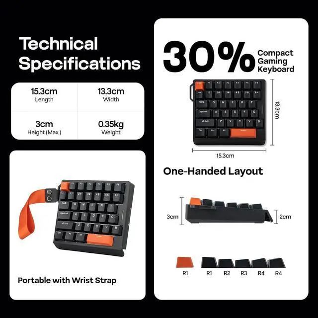 Alt view image 11 of 14 - HE30 One-Handed Hall Effect Keyboard, 8K Polling & 0.125ms, SOCD & Snap Key, Adjustable Trigger, PBT Keycap, RGB, Custom Software, Wired Gaming Keyboard for PC/Gamer (Black Orange)