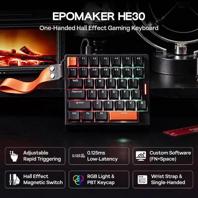 Alt view image 9 of 14 - HE30 One-Handed Hall Effect Keyboard, 8K Polling & 0.125ms, SOCD & Snap Key, Adjustable Trigger, PBT Keycap, RGB, Custom Software, Wired Gaming Keyboard for PC/Gamer (Black Orange)