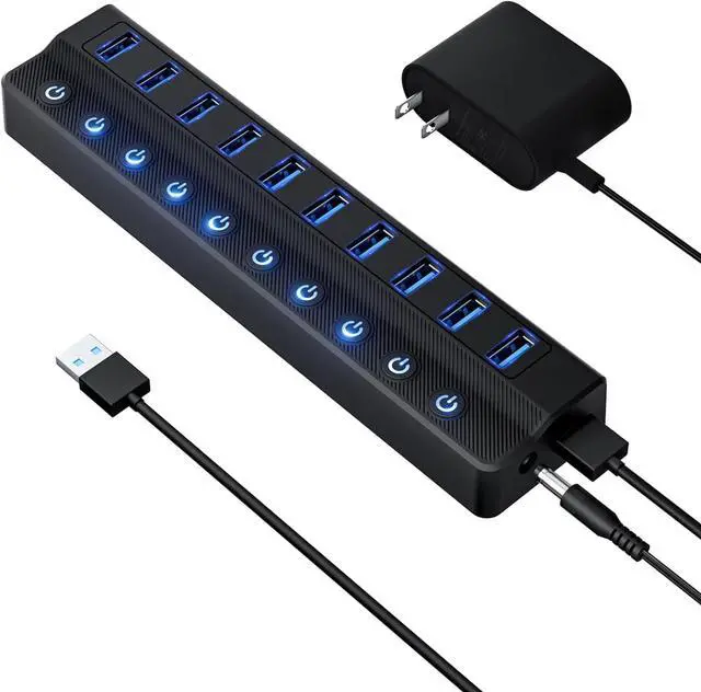 Main image of Powered USB Hub 3.0 10-Port USB Splitter Hub with Individual On/Off Switches and 12V/2A Power Adapter USB Extension