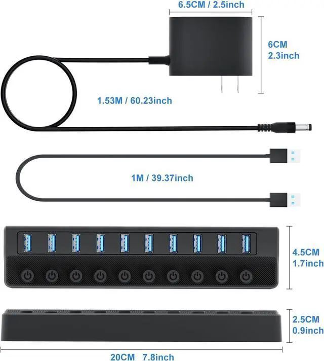 Alt view image 6 of 7 - Powered USB Hub 3.0 10-Port USB Splitter Hub with Individual On/Off Switches and 12V/2A Power Adapter USB Extension