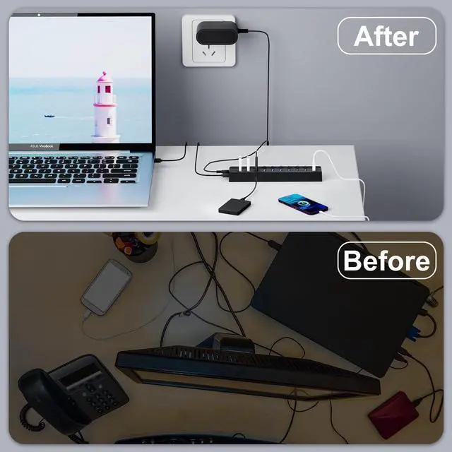 Alt view image 7 of 7 - Powered USB Hub 3.0 10-Port USB Splitter Hub with Individual On/Off Switches and 12V/2A Power Adapter USB Extension