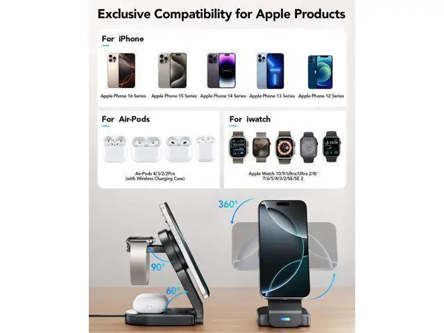 Alt view image 9 of 14 - 3 in 1 Wireless Charging Station Compatible with Apple,Foldable Magnetic Wireless Charger for iPhone 16/15/14/13/12,Apple Watch Series 10/Ultra 2/Ultra/9/8/7/6/5/4/SE/SE 2,Air-Pods 4/3/Pro/2(Black)