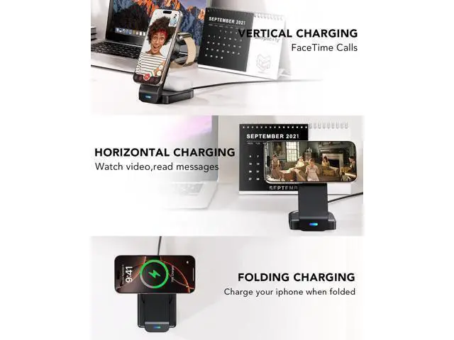 Alt view image 13 of 14 - 3 in 1 Wireless Charging Station Compatible with Apple,Foldable Magnetic Wireless Charger for iPhone 16/15/14/13/12,Apple Watch Series 10/Ultra 2/Ultra/9/8/7/6/5/4/SE/SE 2,Air-Pods 4/3/Pro/2(Black)