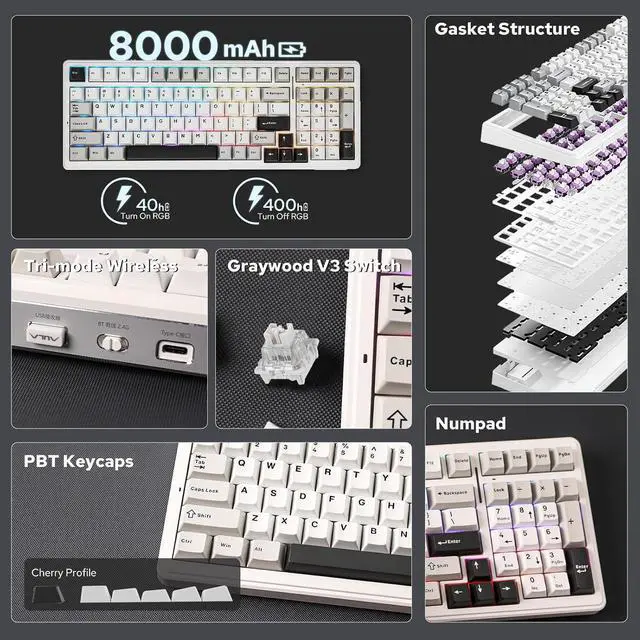 Alt view image 9 of 14 - x Aula F99 Wireless Mechanical Keyboard, Hot Swappable Gasket Custom Gaming Keyboard with Five-Layer Padding, BT/2.4GHz/USB-C, 8000mAh Battery (White Grey, Graywood V3 Switch)