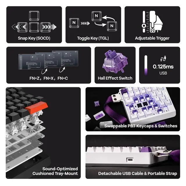 Alt view image 10 of 14 - HE30 One-Handed Hall Effect Keyboard, 8K Polling & 0.125ms, SOCD & Snap Key, Adjustable Trigger, PBT Keycap, RGB, Custom Software, Wired Gaming Keyboard for PC/Gamer (White Purple)