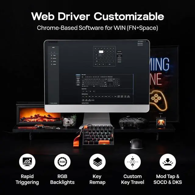 Alt view image 13 of 14 - HE30 One-Handed Hall Effect Keyboard, 8K Polling & 0.125ms, SOCD & Snap Key, Adjustable Trigger, PBT Keycap, RGB, Custom Software, Wired Gaming Keyboard for PC/Gamer (Black Orange)
