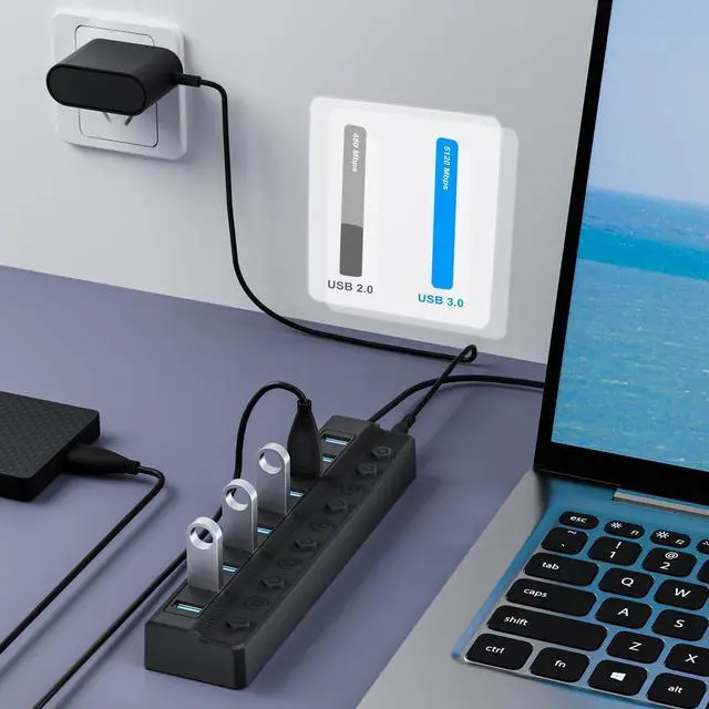 Alt view image 2 of 7 - Powered USB Hub 3.0 10-Port USB Splitter Hub with Individual On/Off Switches and 12V/2A Power Adapter USB Extension