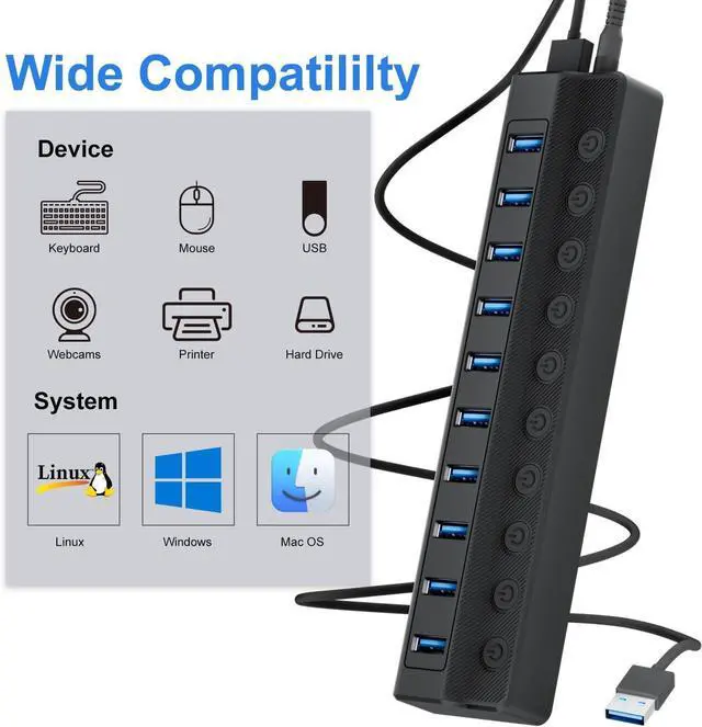 Alt view image 3 of 7 - Powered USB Hub 3.0 10-Port USB Splitter Hub with Individual On/Off Switches and 12V/2A Power Adapter USB Extension