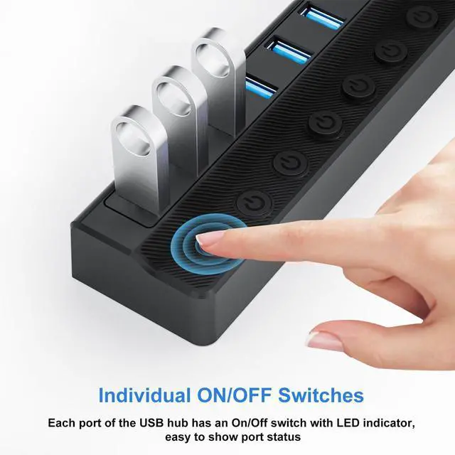 Alt view image 4 of 7 - Powered USB Hub 3.0 10-Port USB Splitter Hub with Individual On/Off Switches and 12V/2A Power Adapter USB Extension