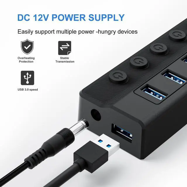 Alt view image 5 of 7 - Powered USB Hub 3.0 10-Port USB Splitter Hub with Individual On/Off Switches and 12V/2A Power Adapter USB Extension