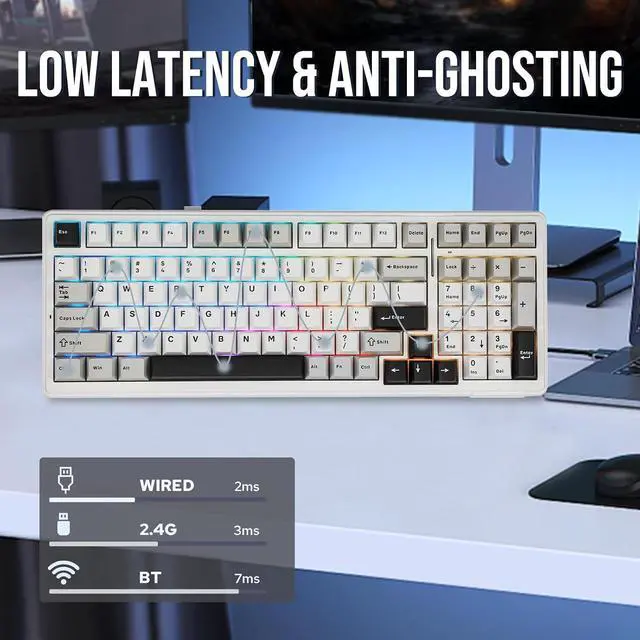 Alt view image 12 of 14 - x Aula F99 Wireless Mechanical Keyboard, Hot Swappable Gasket Custom Gaming Keyboard with Five-Layer Padding, BT/2.4GHz/USB-C, 8000mAh Battery (White Grey, Graywood V3 Switch)