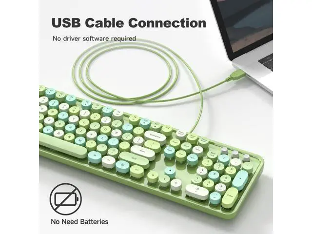 Alt view image 7 of 10 - MOWUX Computer Keyboard Wired, Plug Play USB Retro Round Typewriter Keyboard, Full Size Wired Keyboard with Foldable Stands for Laptop and Office PC - Green Colorful