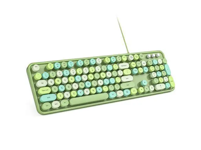 Alt view image 6 of 10 - MOWUX Computer Keyboard Wired, Plug Play USB Retro Round Typewriter Keyboard, Full Size Wired Keyboard with Foldable Stands for Laptop and Office PC - Green Colorful