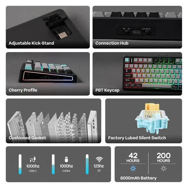Alt view image 10 of 14 - TH80 V2 75% Wireless Mechanical Keyboard with Metal Knob, 8000mAh, 2.4Ghz/BT/USB-C, RGB, Hot Swap, Custom Driver, PBT Keycap, Wireless Gaming Keyboard for PC/Mac (Black, Sea Salt Silent)