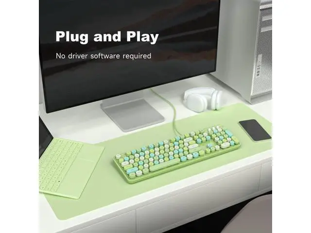 Alt view image 8 of 10 - MOWUX Computer Keyboard Wired, Plug Play USB Retro Round Typewriter Keyboard, Full Size Wired Keyboard with Foldable Stands for Laptop and Office PC - Green Colorful