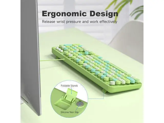 Alt view image 10 of 10 - MOWUX Computer Keyboard Wired, Plug Play USB Retro Round Typewriter Keyboard, Full Size Wired Keyboard with Foldable Stands for Laptop and Office PC - Green Colorful
