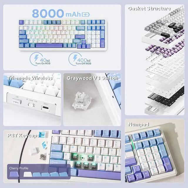 Alt view image 9 of 14 - x Aula F99 Wireless Mechanical Keyboard, Hot Swappable Gasket Custom Gaming Keyboard with Five-Layer Padding, BT/2.4GHz/USB-C, 8000mAh Battery (White Light Blue, Graywood V3 Switch)
